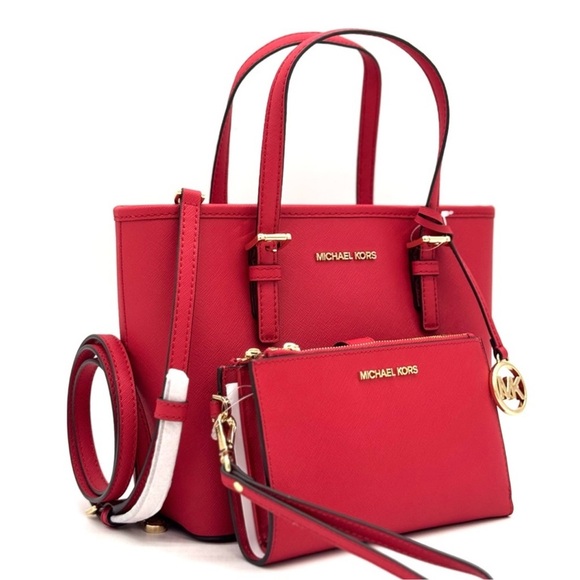 Michael Kors Jet Set Travel Extra-Small Top Zip Tote Bag & Double Zip Wallet Red - Picture 3 of 11